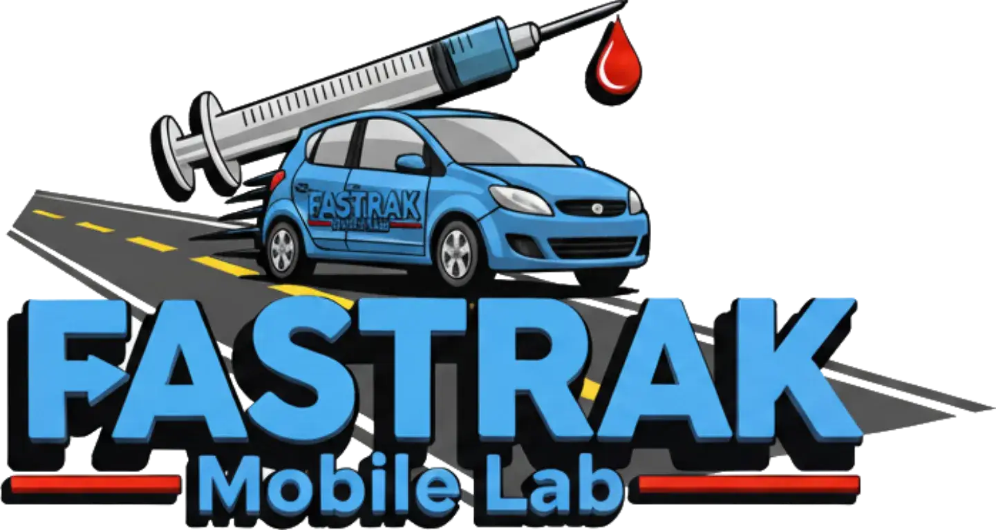 FASTRAK Mobile Lab logo featuring a blue car, a syringe, and a blood drop, symbolizing mobile phlebotomy services for convenient healthcare access.
